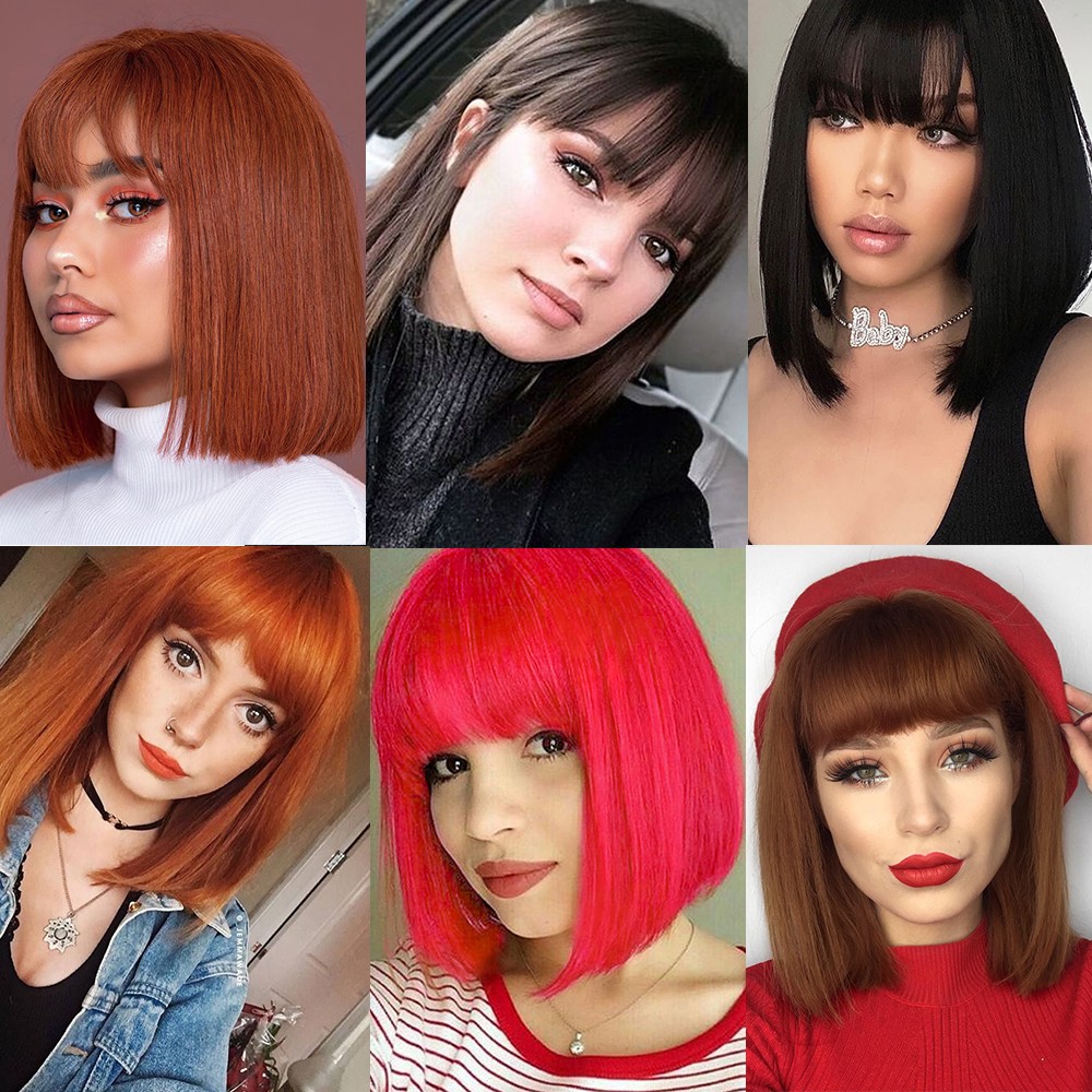 Layered Bob Straight Cosplay Wigs With Fringe Copper Red Heat Resistant Hair