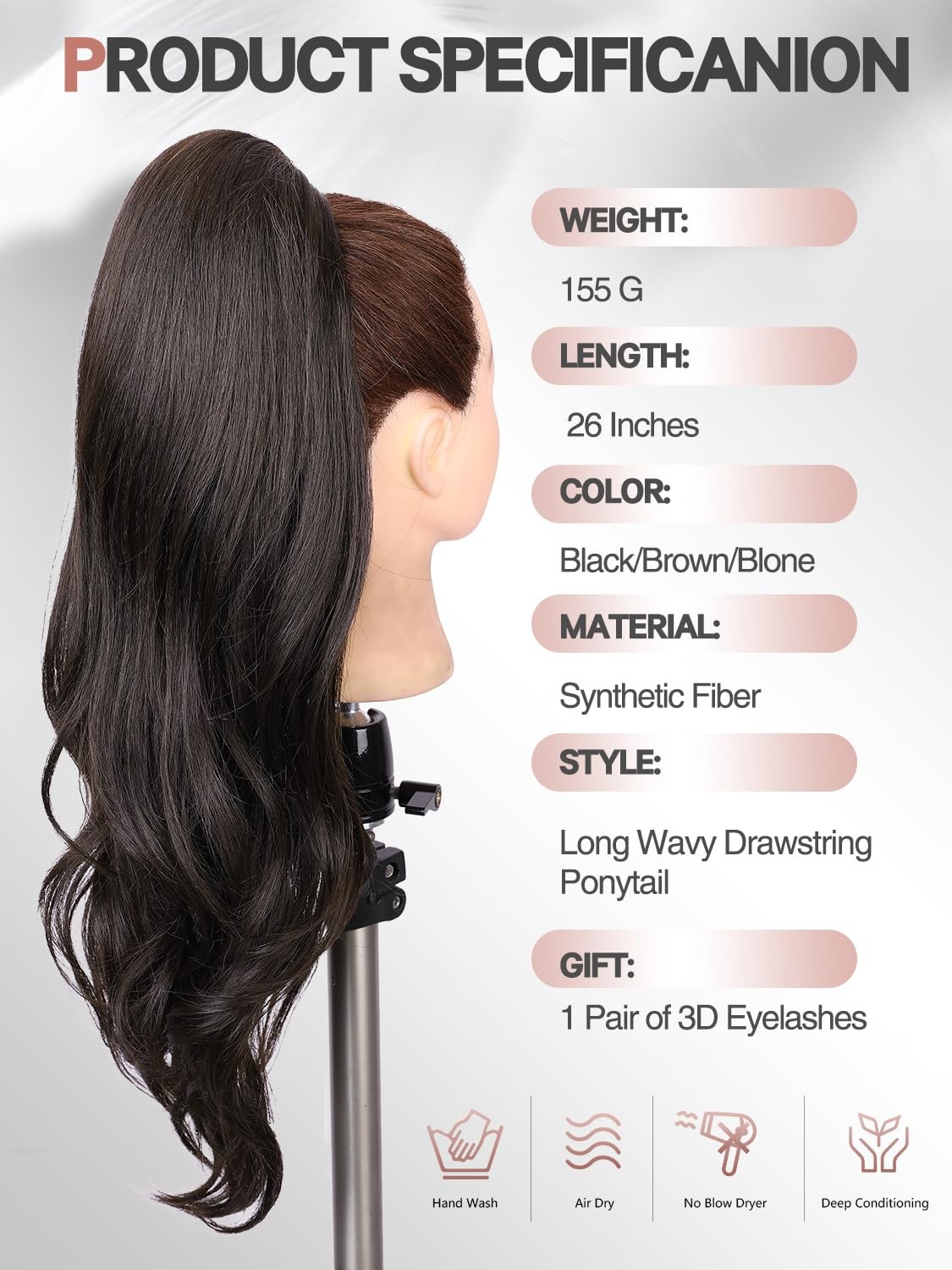 Ponytail Extension 26 Inch Dark Brown Wavy Layered Drawstring – Easy to Install
