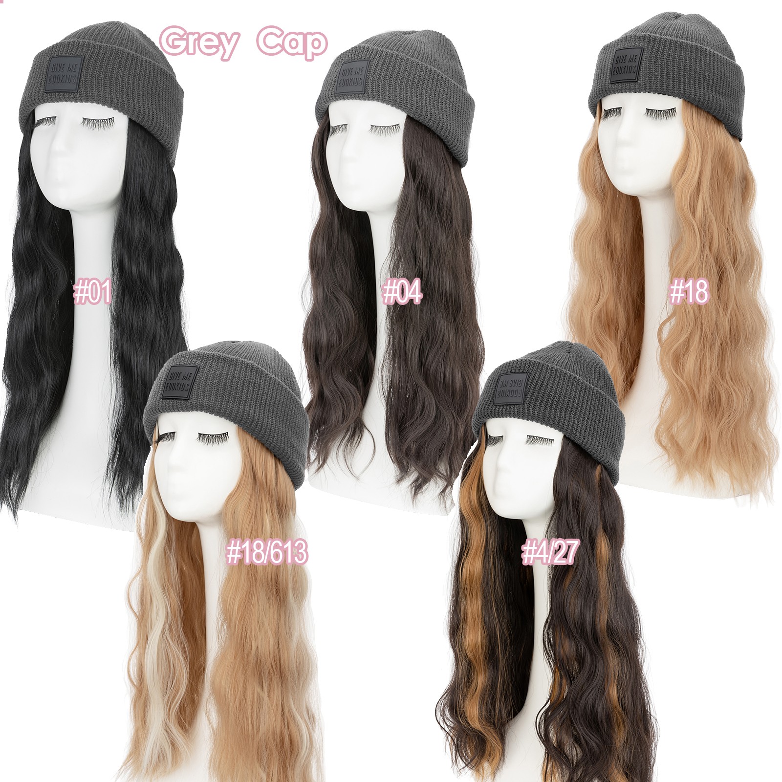 Winter Warm Knit Beanie Hat with Long Wavy Straight Synthetic Hair Wig for Woman