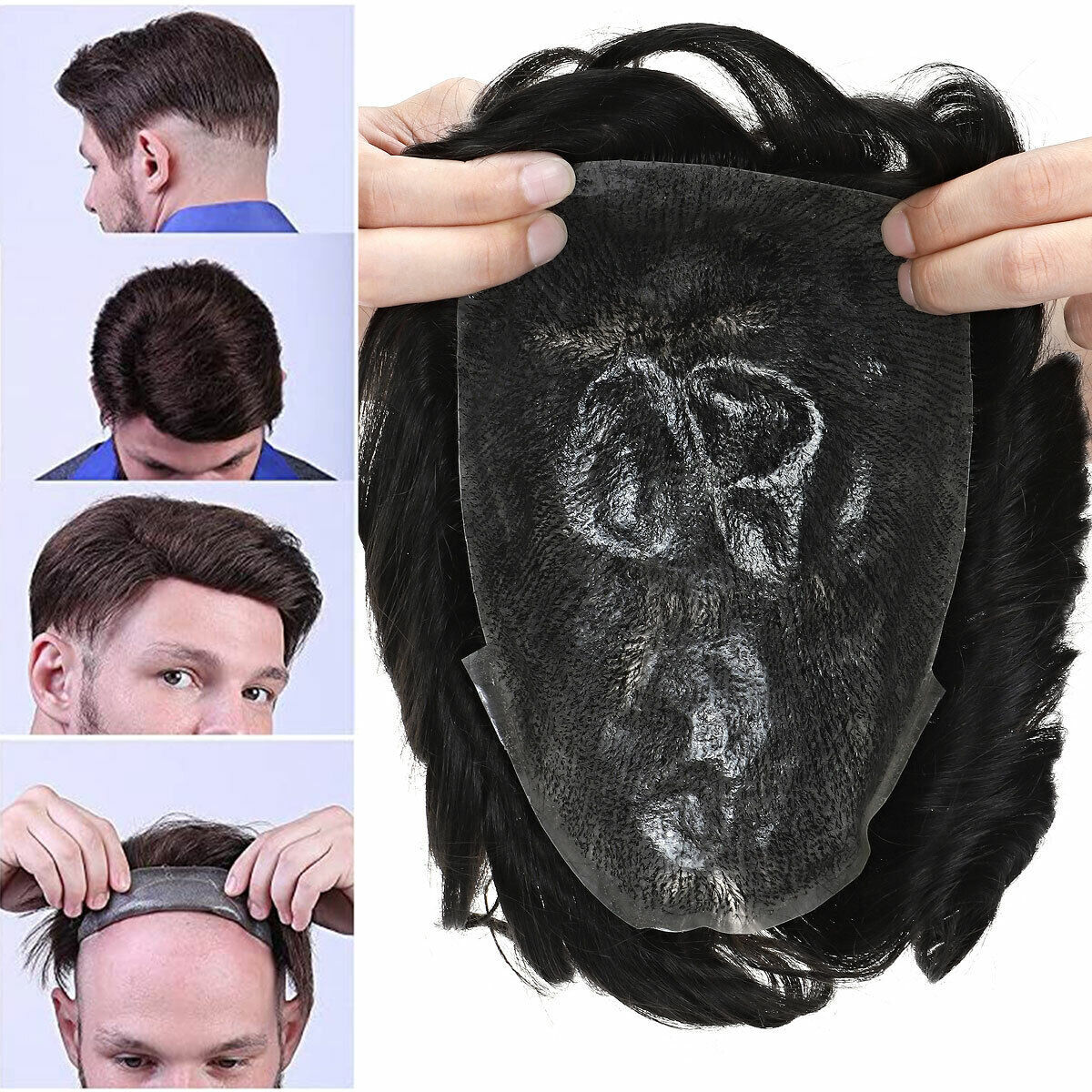 Durable Mens 100% Human Hair Replacement System Hairpiece Fine PU Skin Toupee US