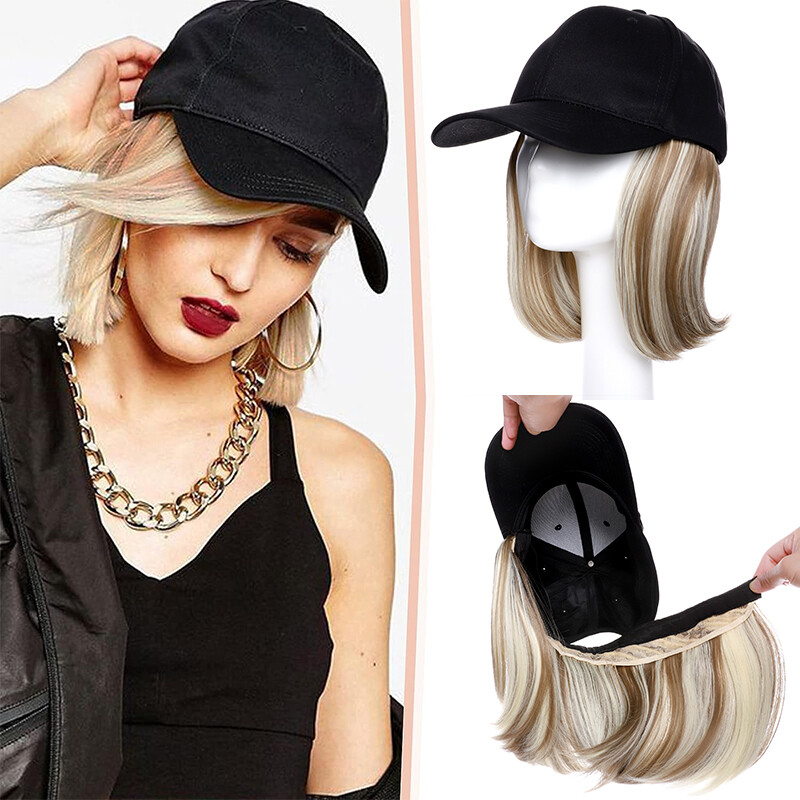 Baseball Hat Cap with Fake Hair Soft Long Wavy Hair Wigs Caps for Women 6″-18″