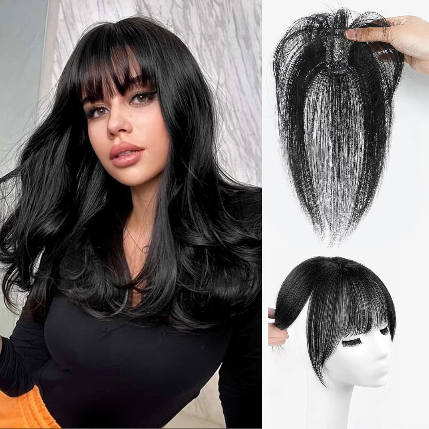 Clip in Bangs 100% Real Human Hair Women Topper 360° 3D Cover French Fake Fringe