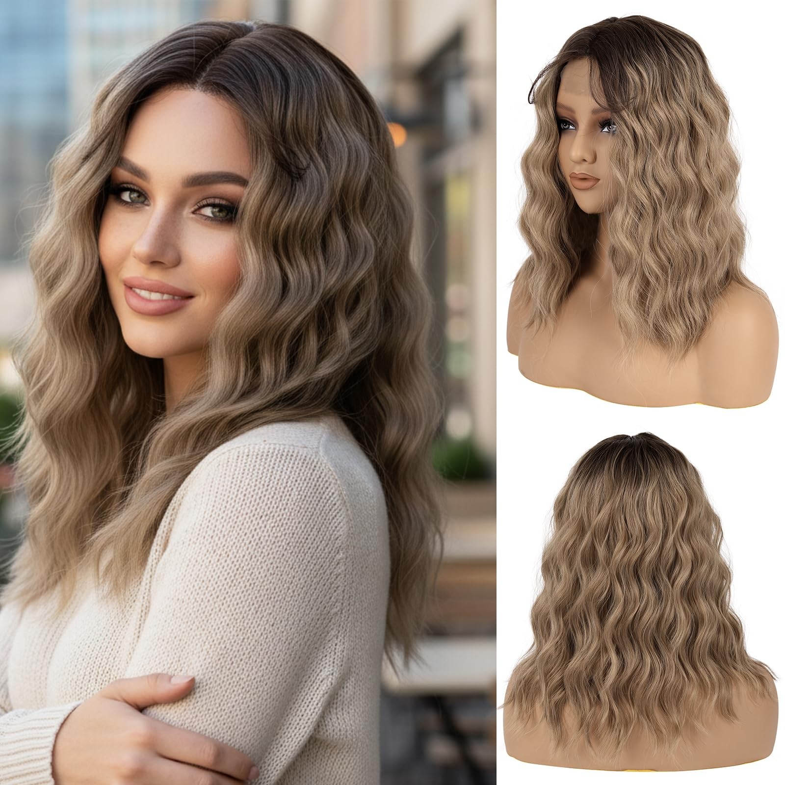 Ombre Ash Blonde Wig for Women – 16 Inch Medium Length Wavy, Heat Resistant S…