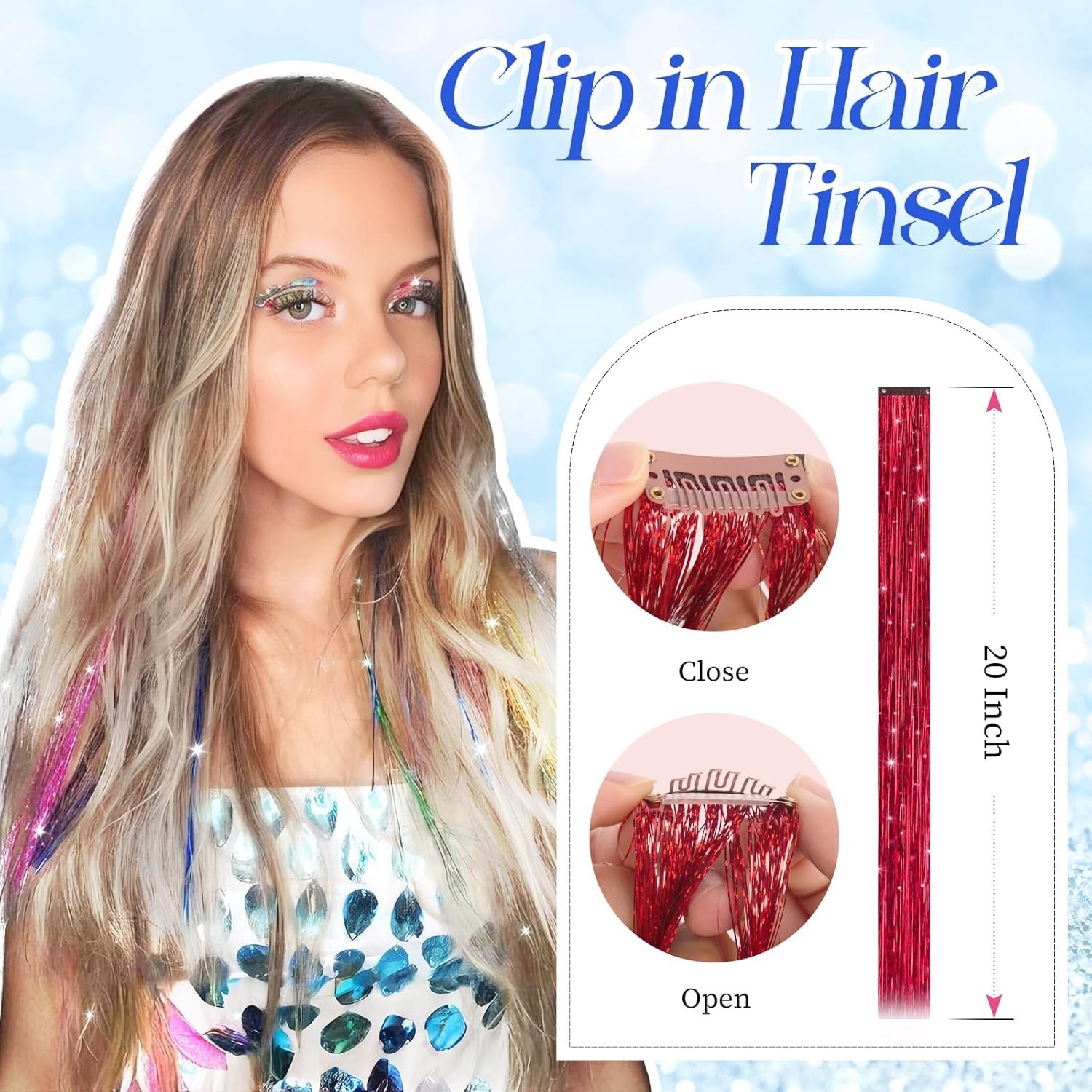 Transform Your Hair with 12 PCS Red Clip-in Glitter Tinsel Extensions – 20 Inch