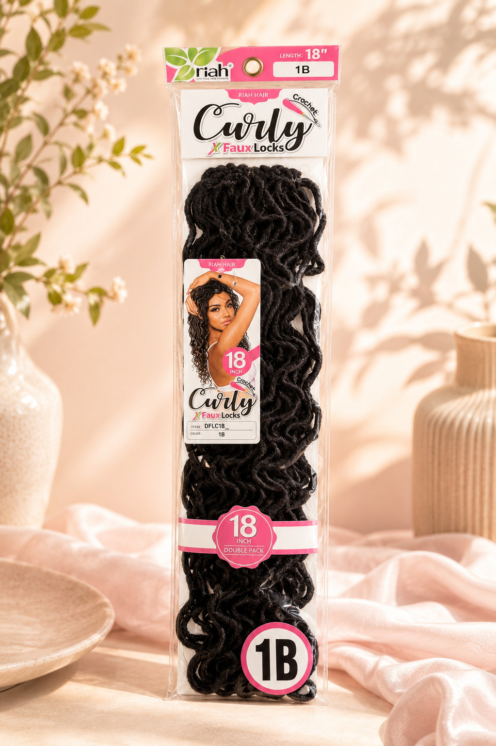 Riah Curly Faux Locs Crochet Hair – 18″ – 8 Packs – Color 1B (Black) – New
