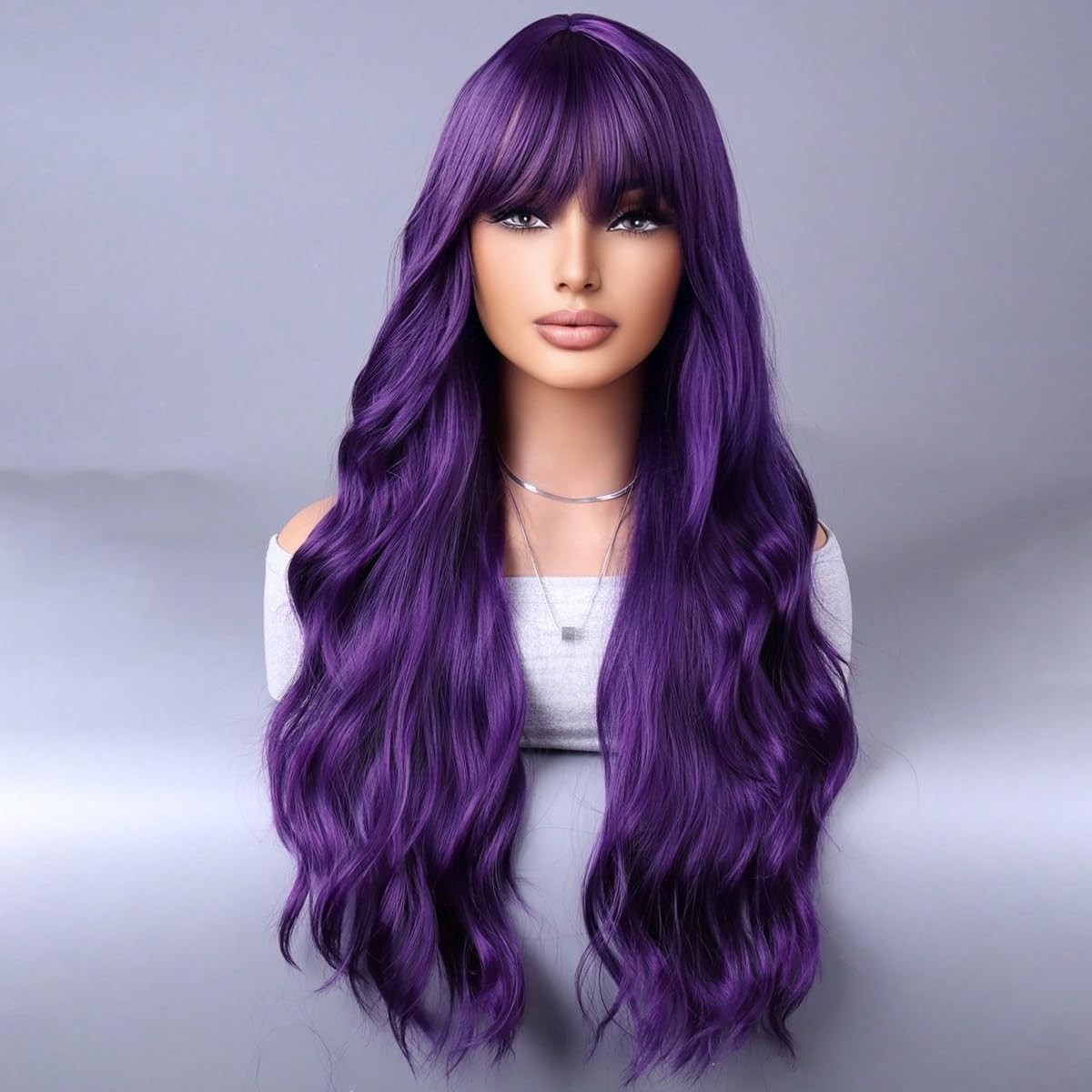 Dark Purple Wigs for Women Long Curly Wavy Dark Purple With Bangs Heat Resist…