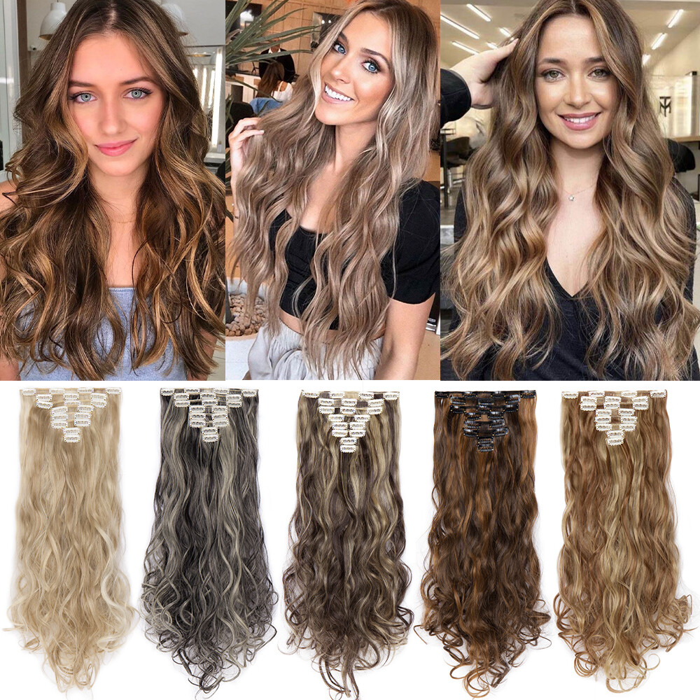 8 Pieces Hair Full Head Natural Clip in Hair Extensions Straight Curly For Woman