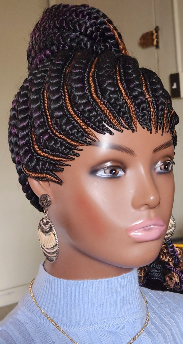 handmade braided Ghana banana cornrows wig poney tail 1B mix Dark purple/Dark br