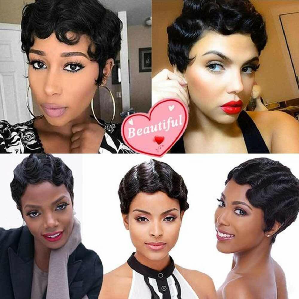 Black Finger Wave Short Human Hair Wigs Pixie Cut Wigs For Black Women Natural
