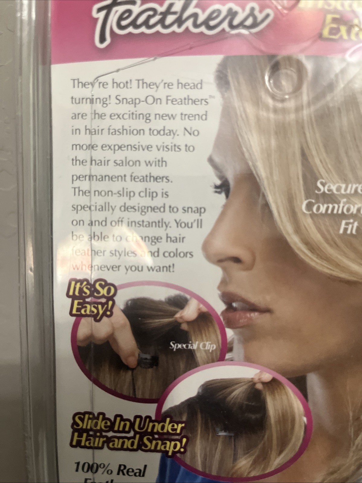 2pk Fuchsia Pink & Smoky Ash SNAP-ON FEATHERS Instant Extensions Seen on TV New!