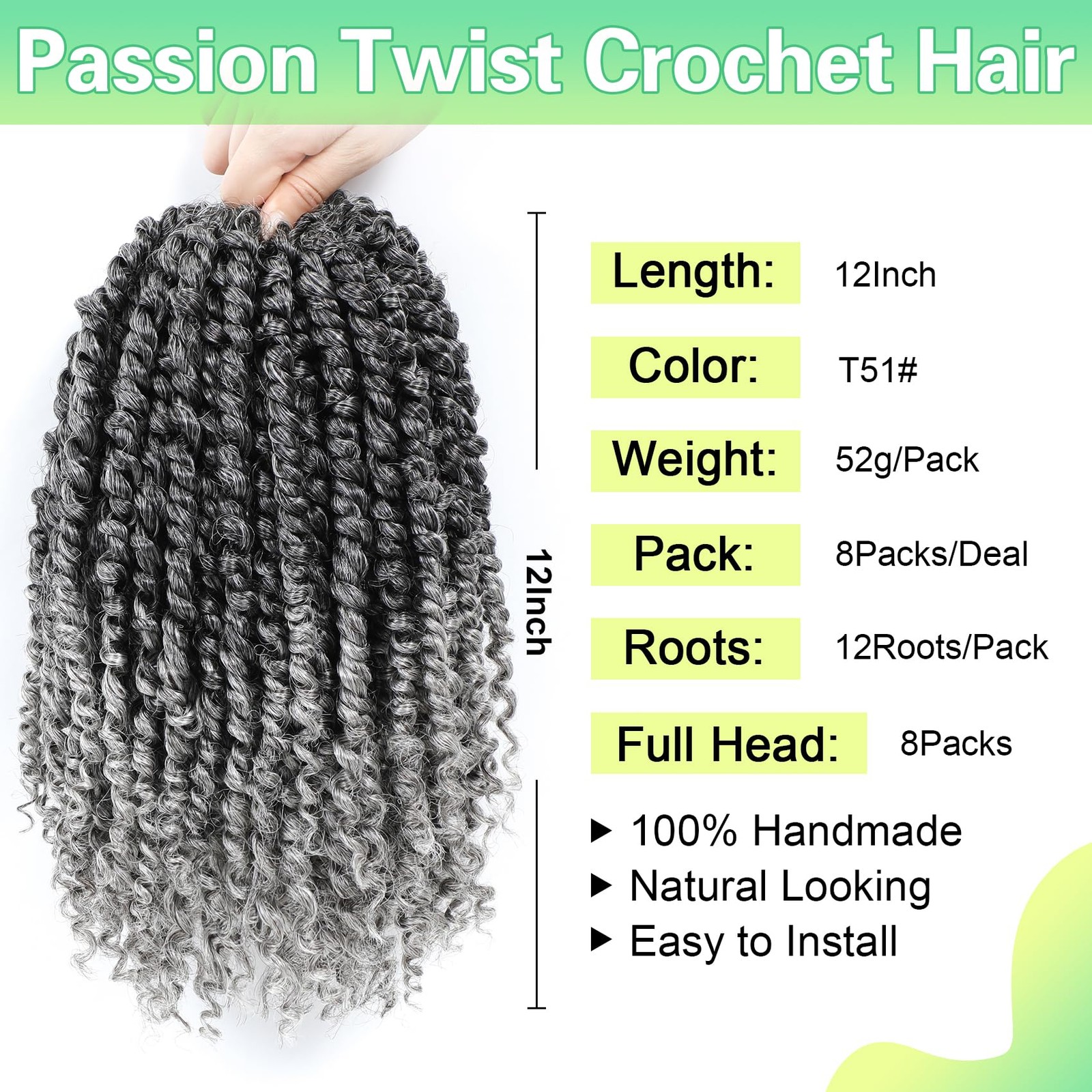 Passion Twist Crochet Hair 12Inch Grey Passion Twist Hair 8 Packs Pre-Twisted…