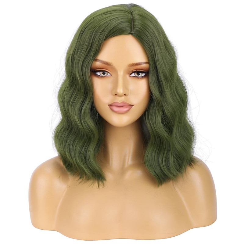 Beron Green Wigs For Women Short Curly Bob Wavy Wig Girls Olive Color Body 14