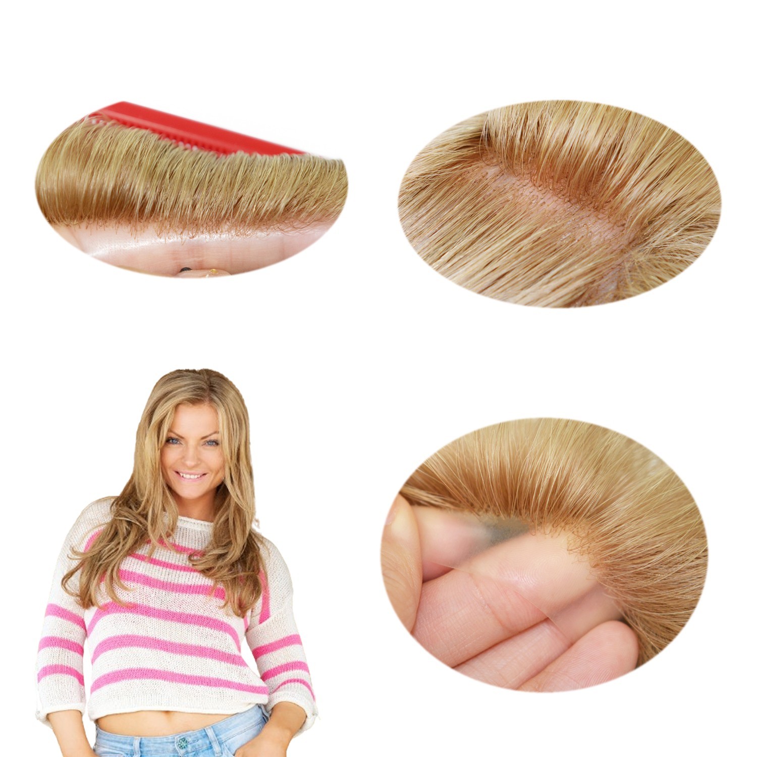 Women Wigs Human Hair Full Head Wigs Poly Skin Medium Size Dark Root 14”#SIC