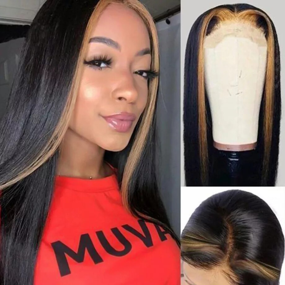 Blonde Skunk Stripe Highlight Long Straight Black Wigs Lace Front Wigs Glueless