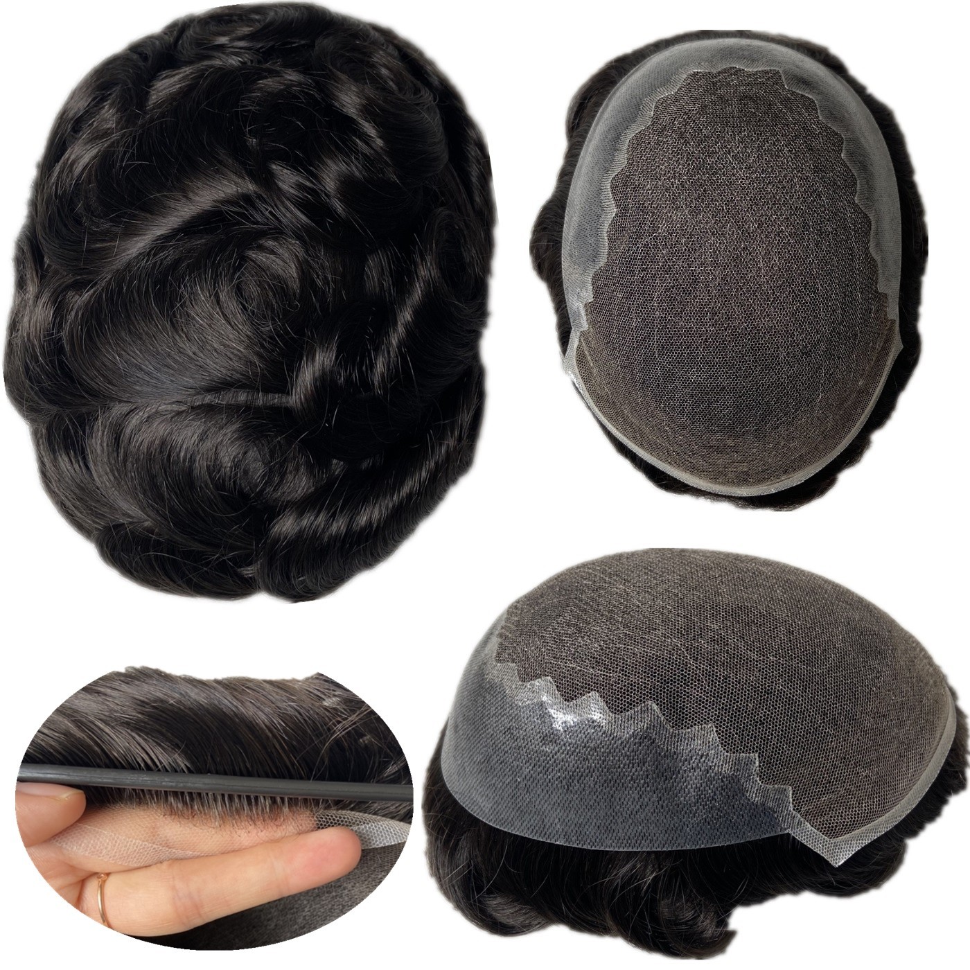 Mens Toupee French Lace Front Thin Skin PU Base Human Hair Replacement Sys #1B