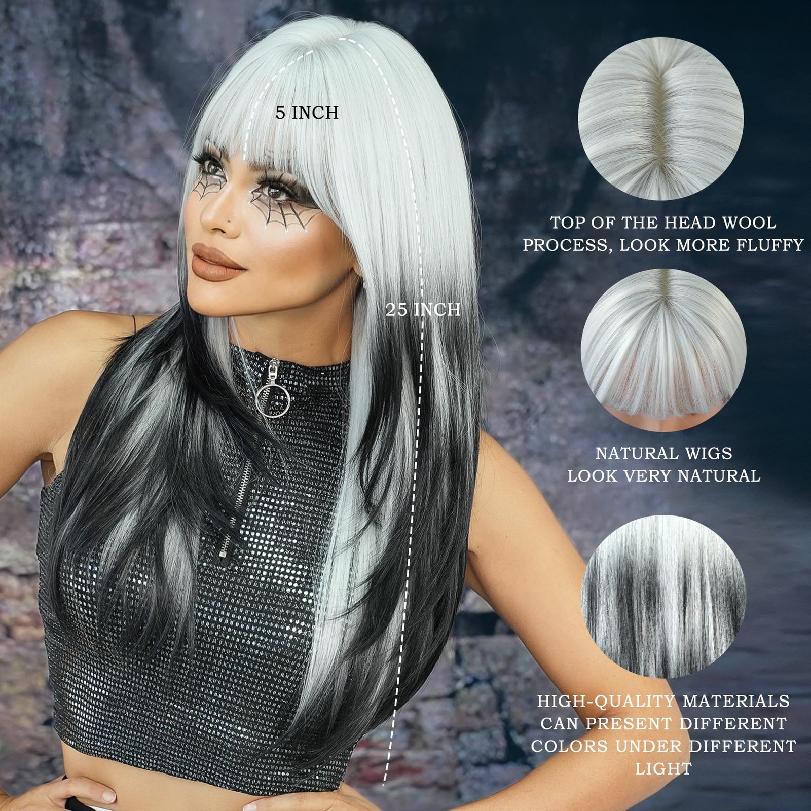 7JHH WIGS 25Inch Long Straight Layered Wig with Bangs 25in Black White Ombre