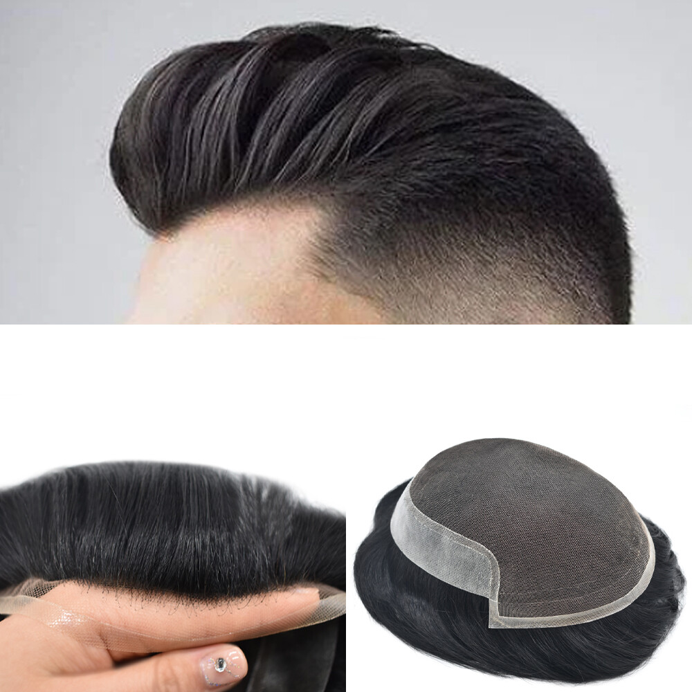 US Mens Toupee Swiss Lace Front Poly PuHairpiece Natural Hair Replacement System
