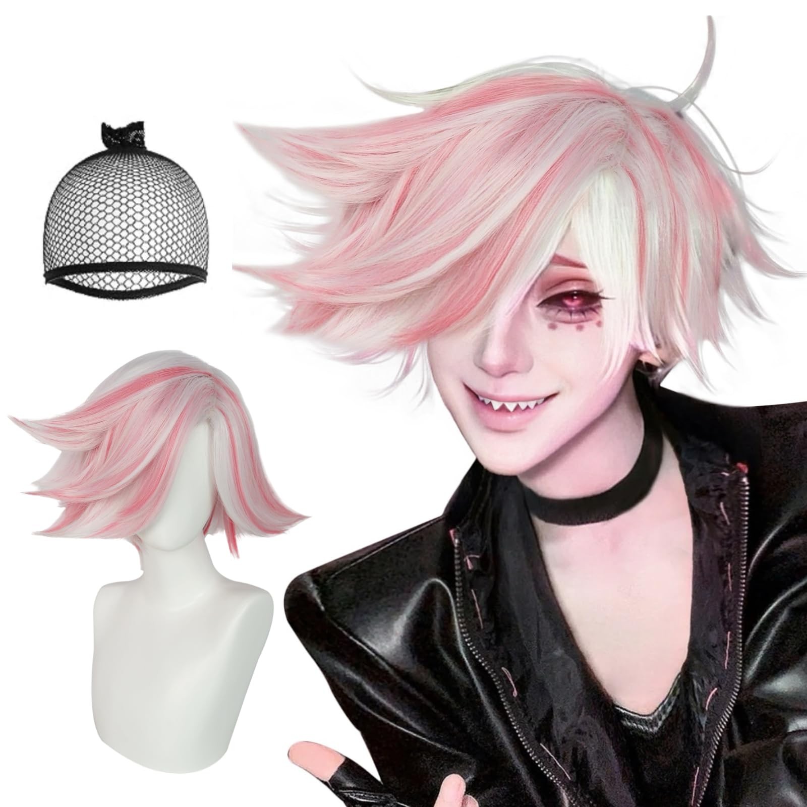 Angel Dust Cosplay Wig for Anime Costume Short White and Pink Wigs Cosplay for H