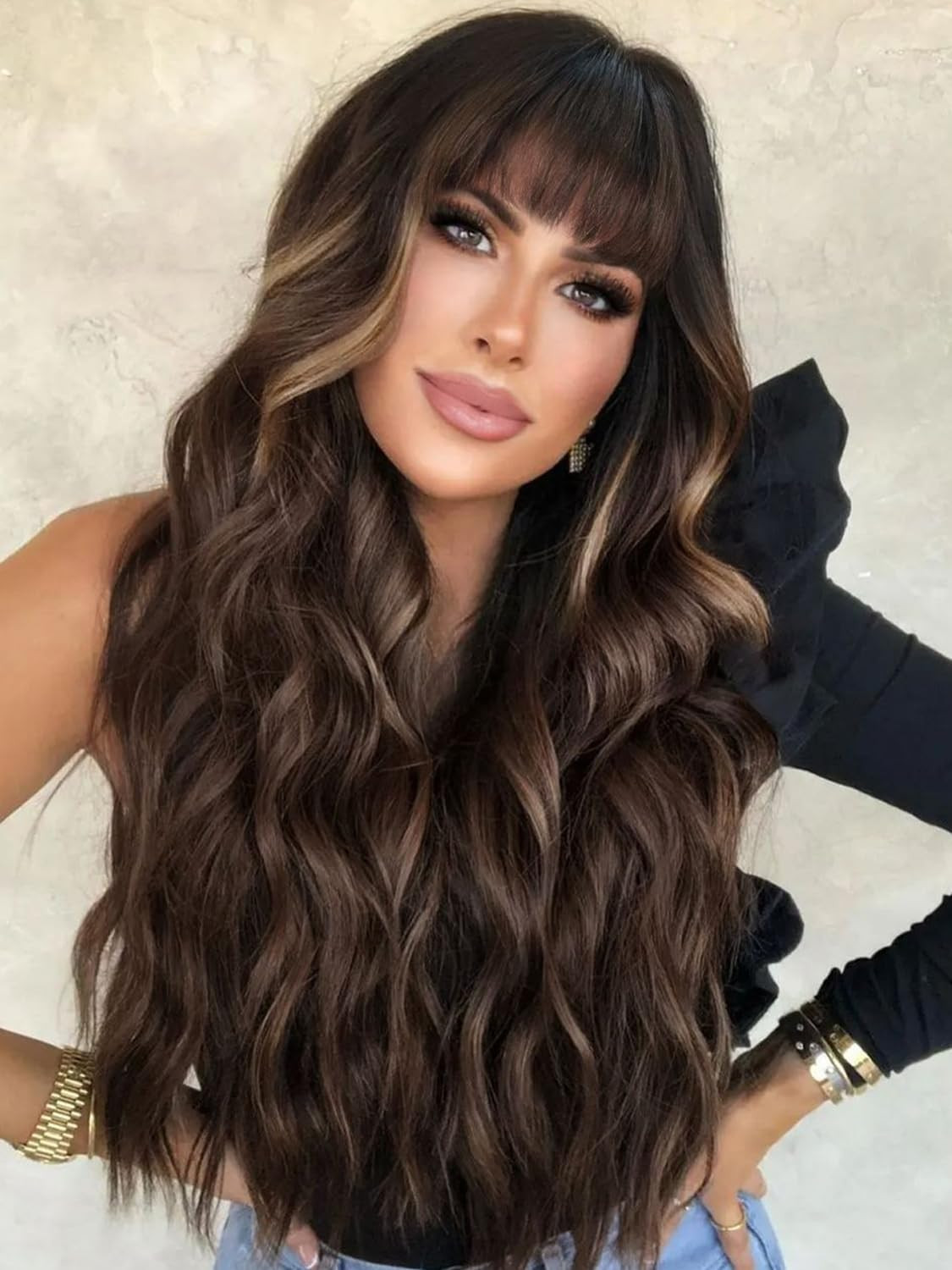 AISI QUEENS Brown Wig with Bangs for Women Long Wavy Hair Wig Brown Highlight Wi