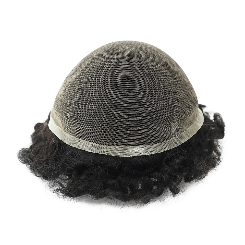 Toupee Mens Human Hair Afro Curl French Lace Hair System Hair Pieces 10mm #1B