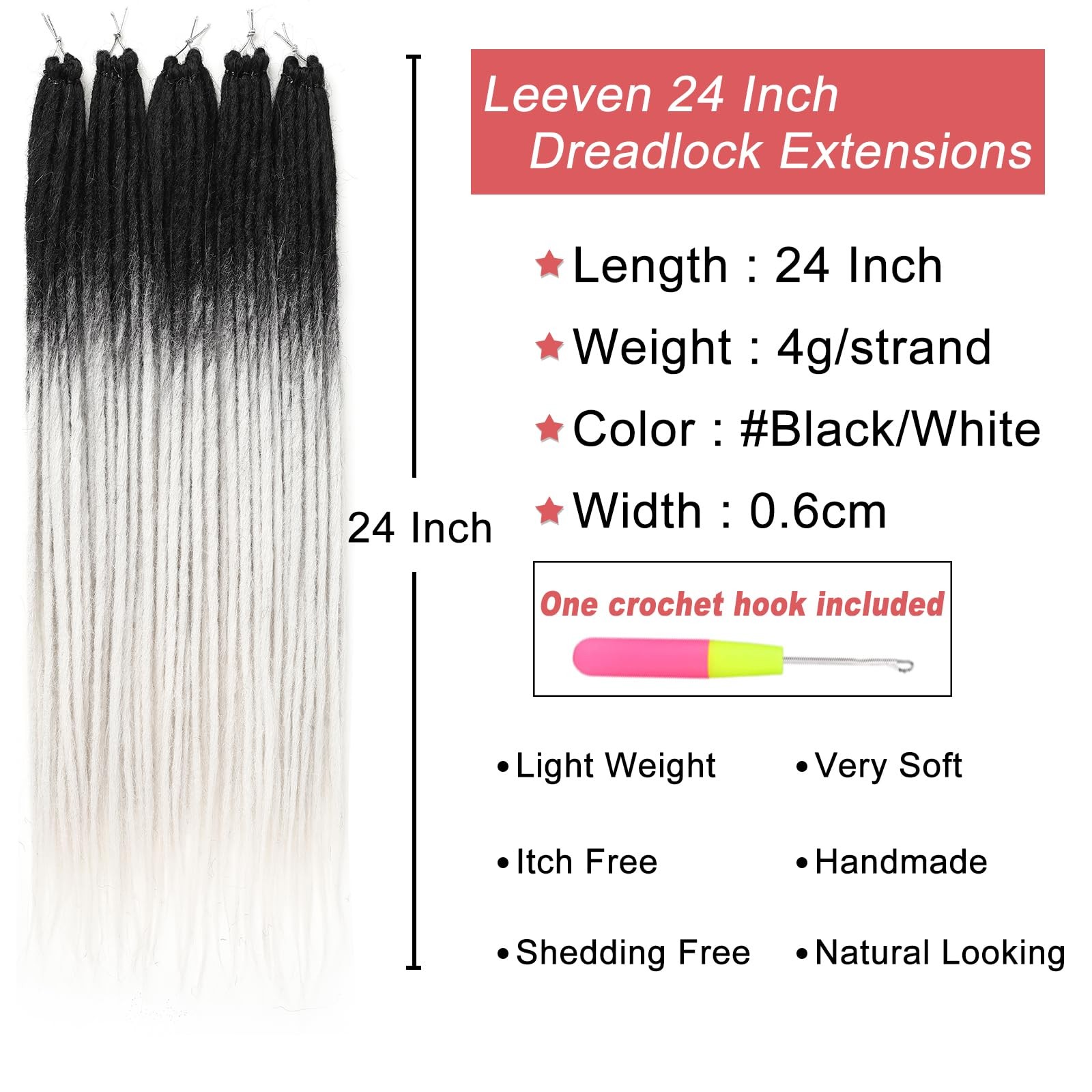 20 Strands Synthetic Dreadlock Extensions 24 Inch Black to White Single Ended…