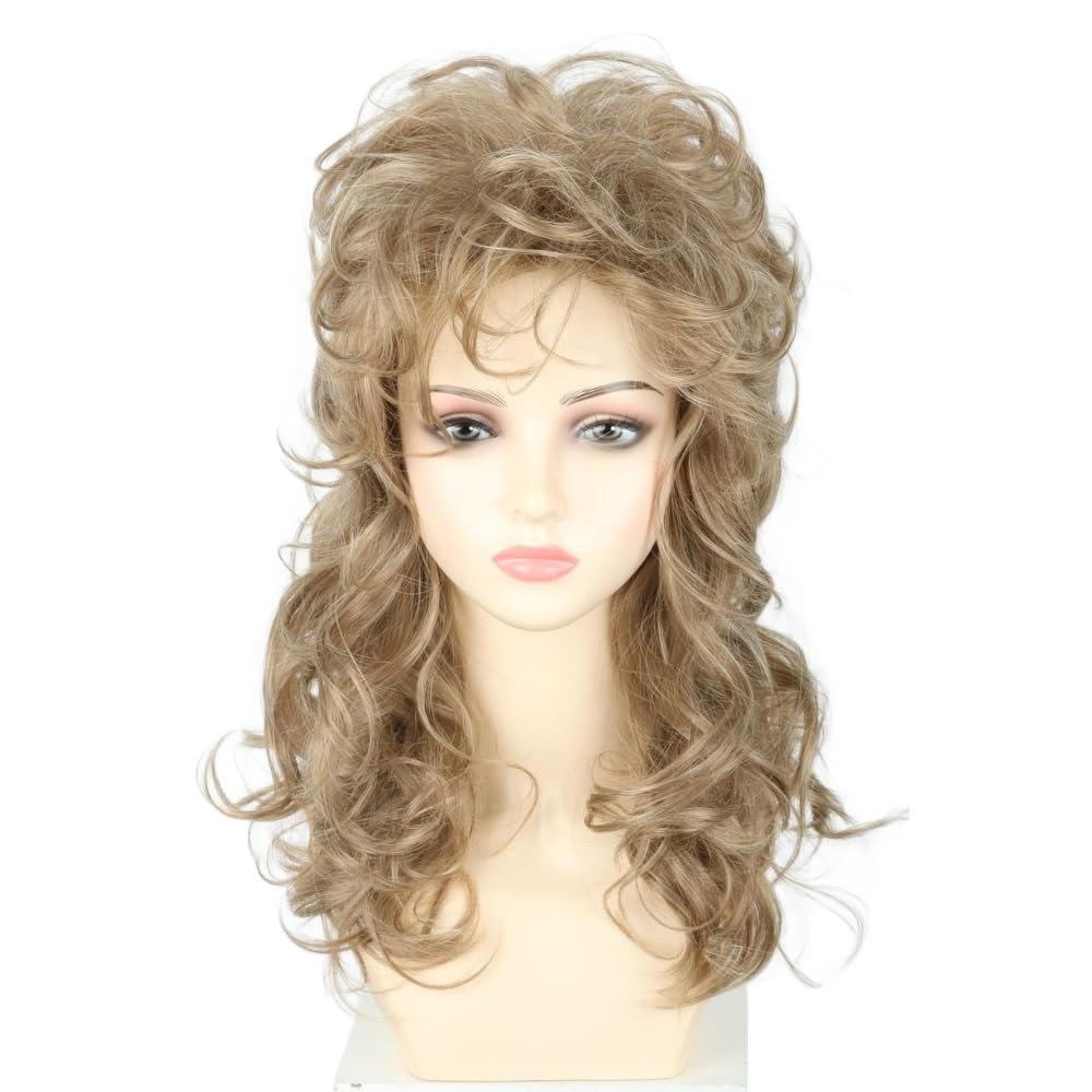 Golden Brown Long Curly 80s Rocker Wig Women Halloween Party Costume Accessory
