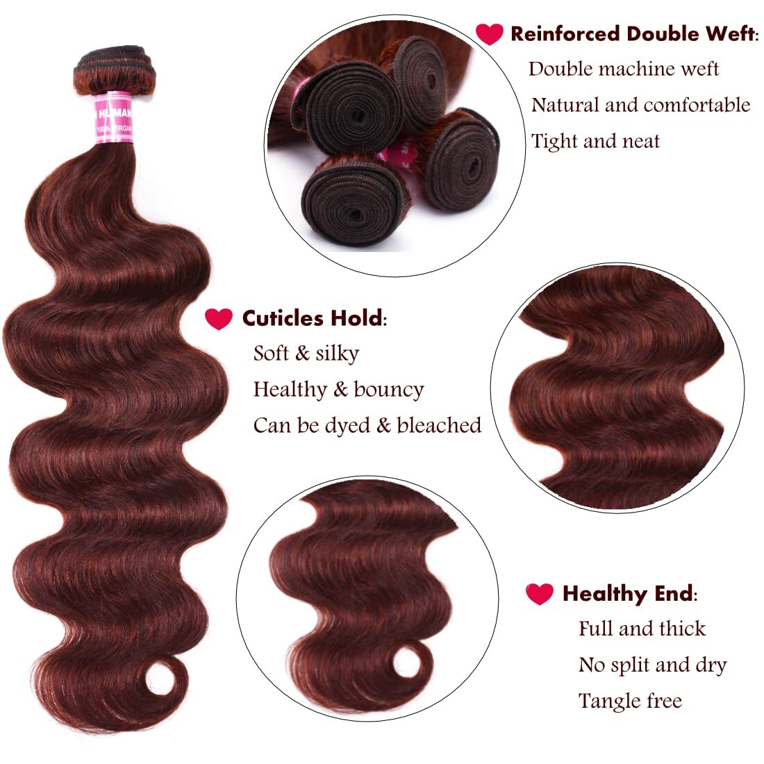 Brazilian Reddish Brown Body Wave Bundles Human Hair Weave Cooper Red Extensions