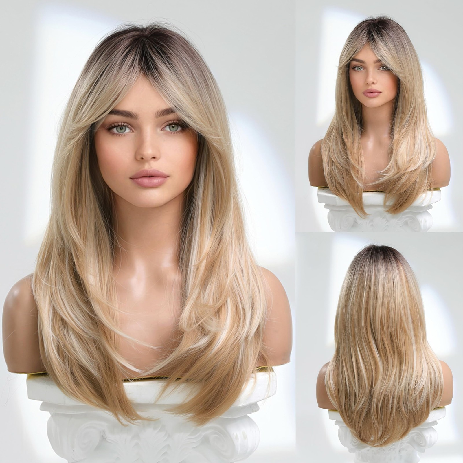 Women Long Blonde Ombre Wig with Deep Roots, Layered Synthetic Wig with Bangs…