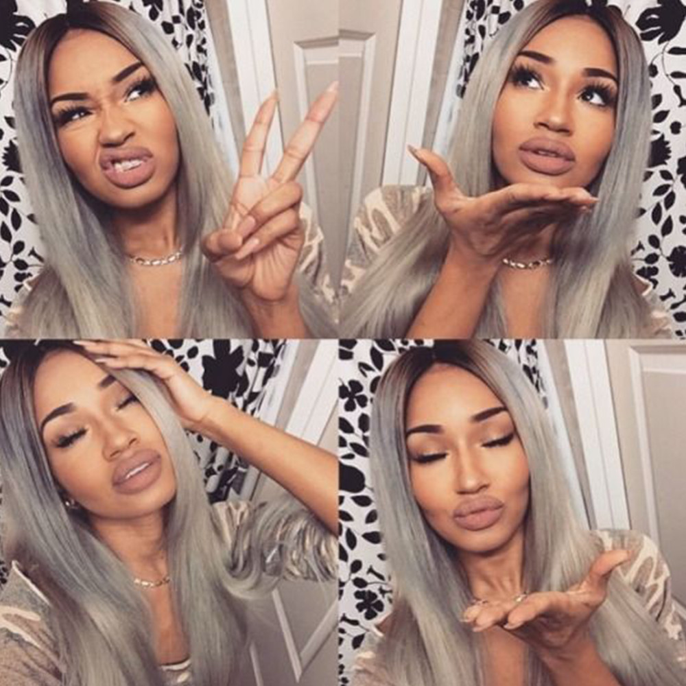 Silky Straight Two Tone Ombre Lace Front wig #1b/Gray Synthetic Hair Lace Wigs