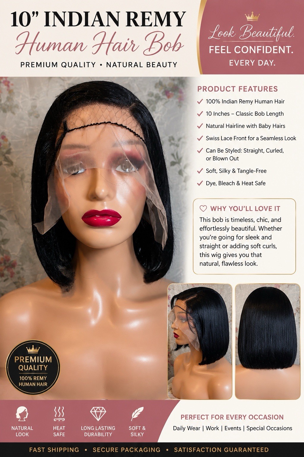 10” Indian Remy Human Hair Bob Wig | Straight | Soft | Natural Black