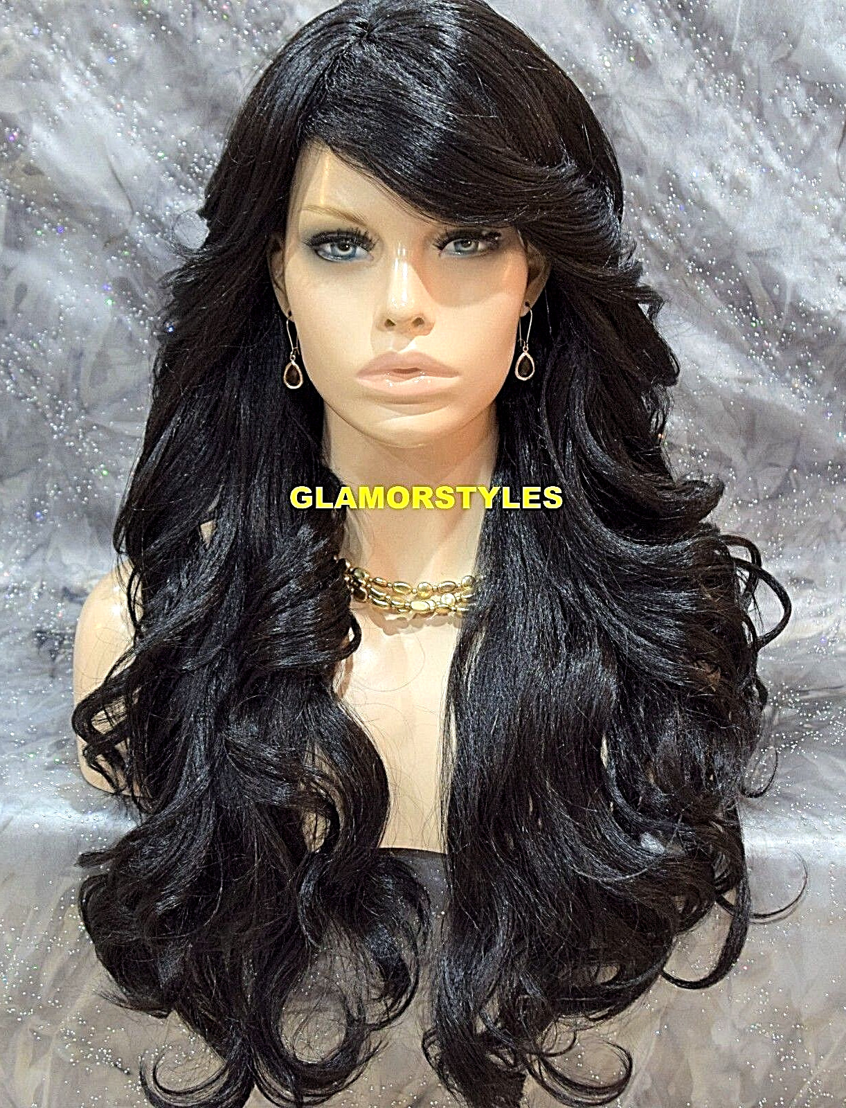 FULL WIG LONG WAVY LAYERED SIDE BANGS SKIN SIDE PART OFF BLACK #1B HEAT OK NWT
