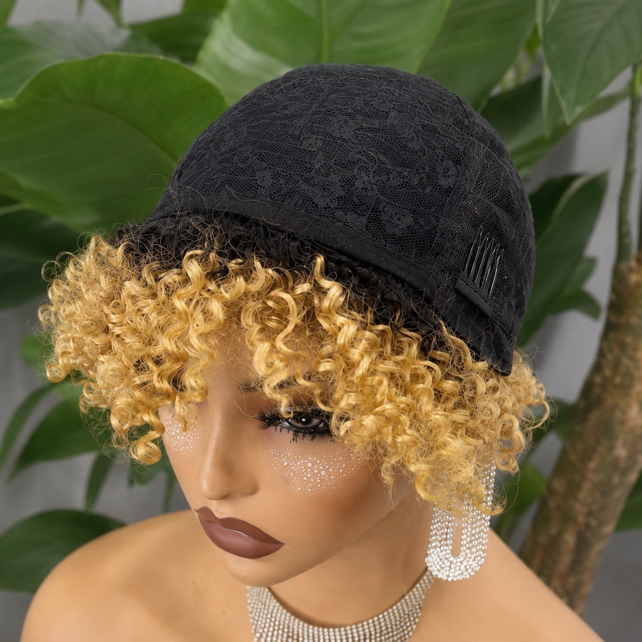 Short Afro Curly Mix Color Pixie Cut human hair Wig for African American Women