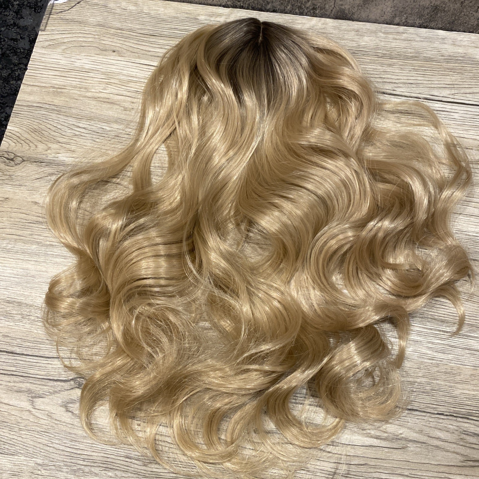 Long hair synthetic topper blonde wavy hair -brown roots- No Bangs rooted blonde