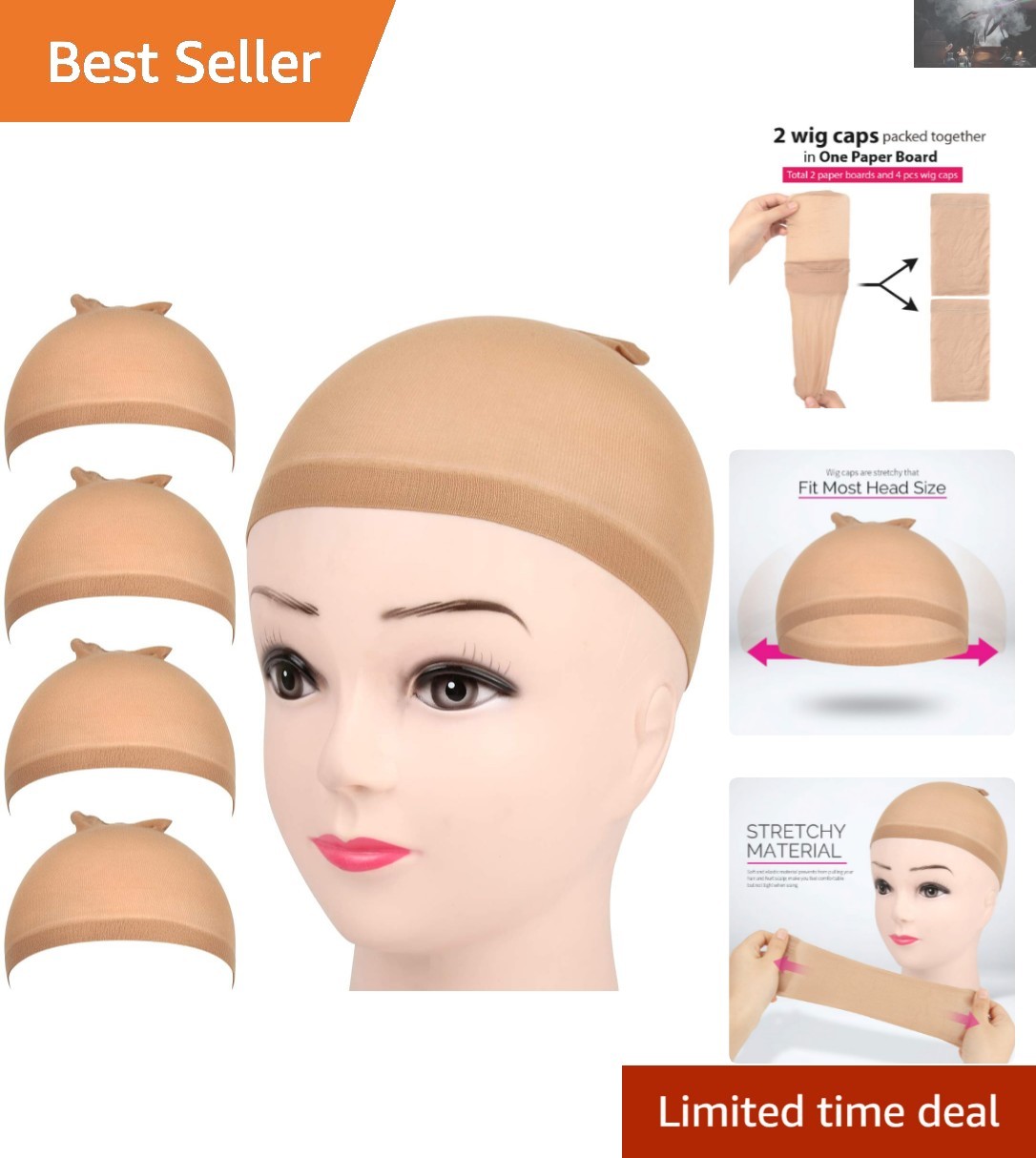 Comfort Fit Light Brown Wig Caps – 4-Pack Stretchy Nylon, One Size Fits Most