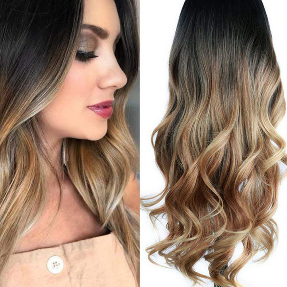 US 1 Pack 23″ Golden Brown to Gold Ombre Long Curly Blonde Wig Synthetic Hair