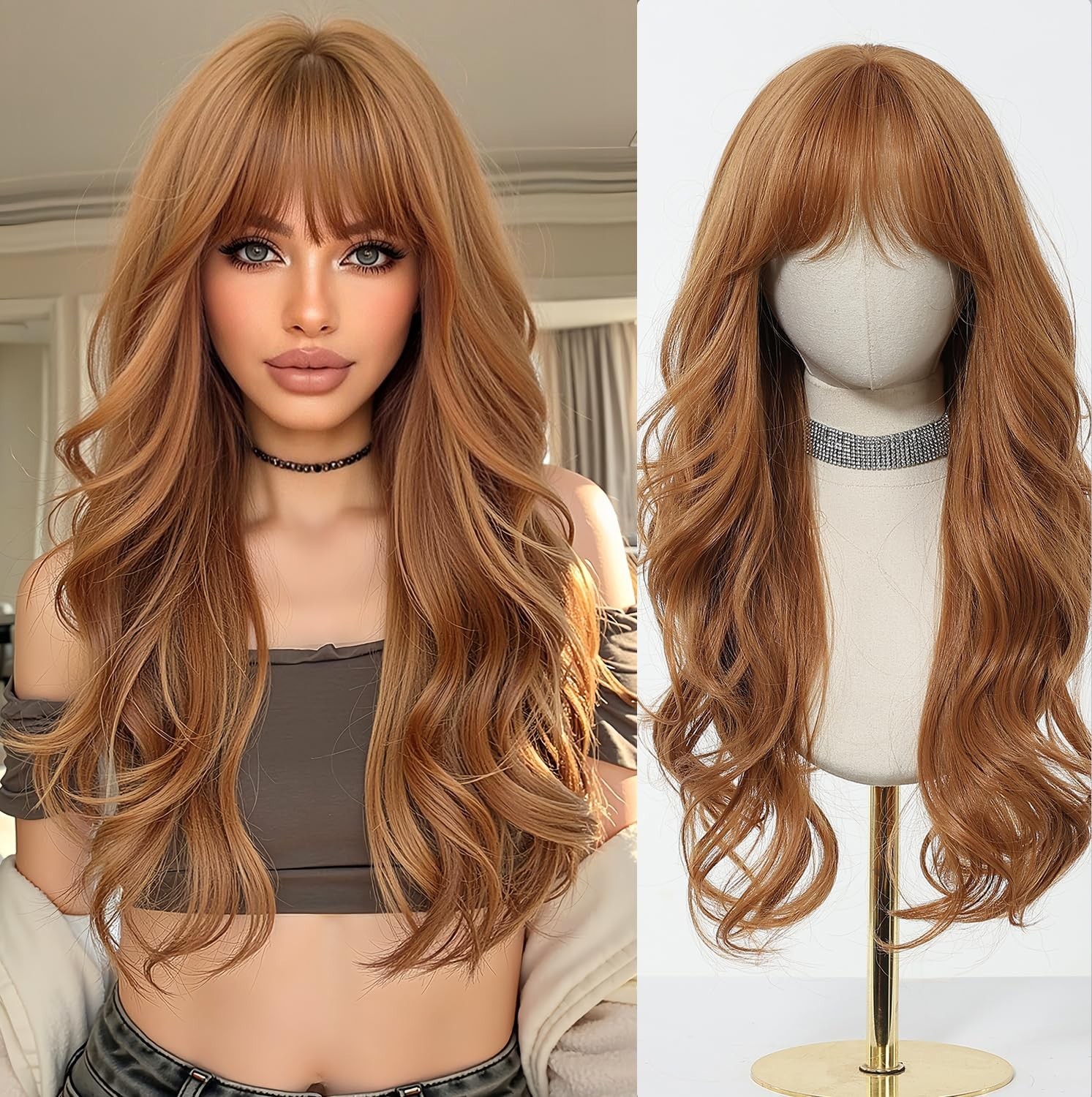 Long Wavy Strawberry Blonde Wig Synthetic Heat Resistant Curly Hair for Women