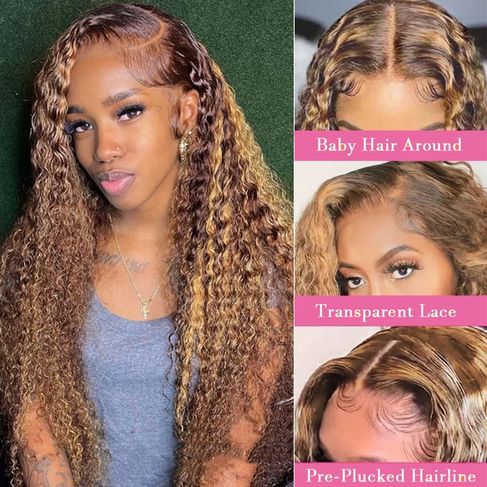 28inch Highlight Ombre Lace Front Wig Human Hair 13×4 HD Honey Blonde 4/27 De…