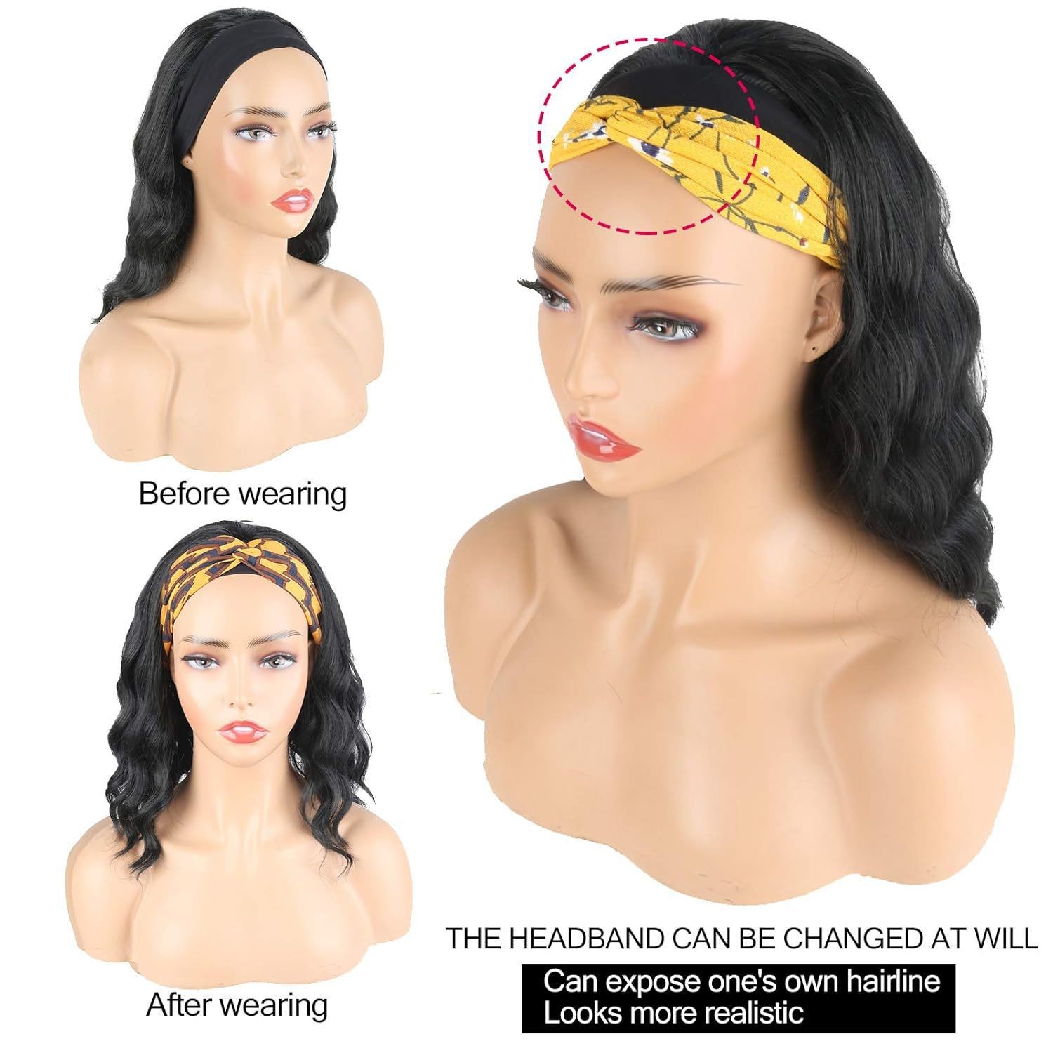 Ice Silk Headband Medium Long Wavy Water Synthetic Wig Heat Resistant for Women