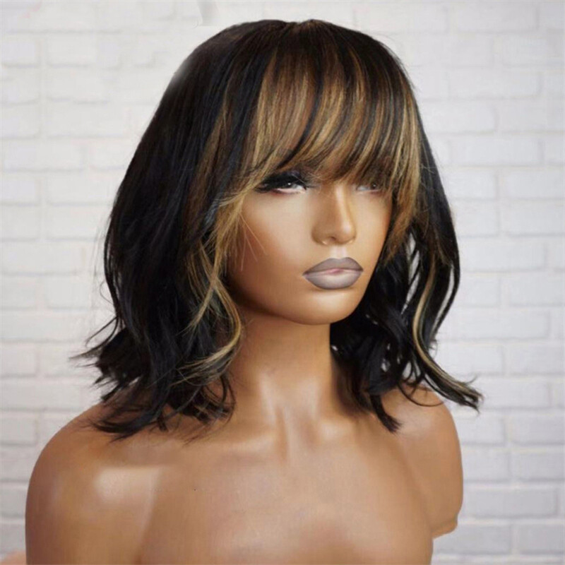 Black Hair with Honey Blonde Highlights Bangs 13×4 Lace Front 100% Human Hair