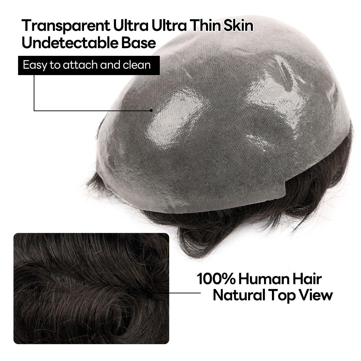 0.04mm Ultra Thin Skin Toupee For Men V-looped – Off Black – Light/Med Density