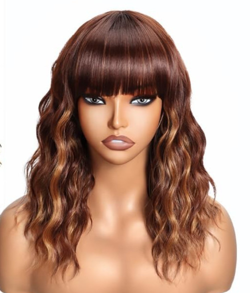 Short Wavy Bob Wig with Bangs Caramel Reddish Brown , Wavy 16″ Soft & Silky #F2
