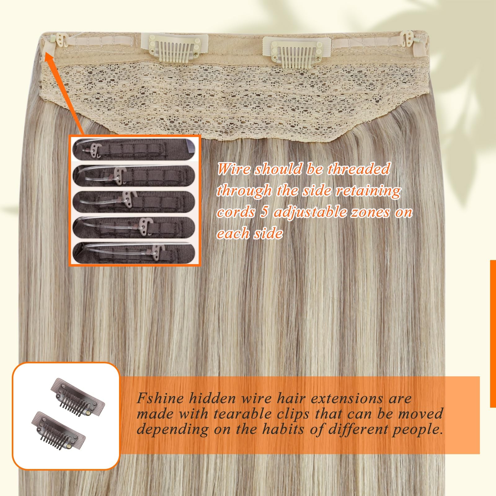 Fshine 16 Inch Ash Blonde Highlight Real Human Hair Wire Extensions 18P613