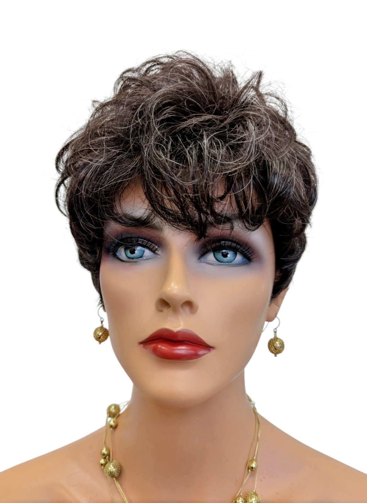 Short Pixie Curly Tony Of Beverly Tess Color 34 Dark Brown Mix 25% Gray Streaks