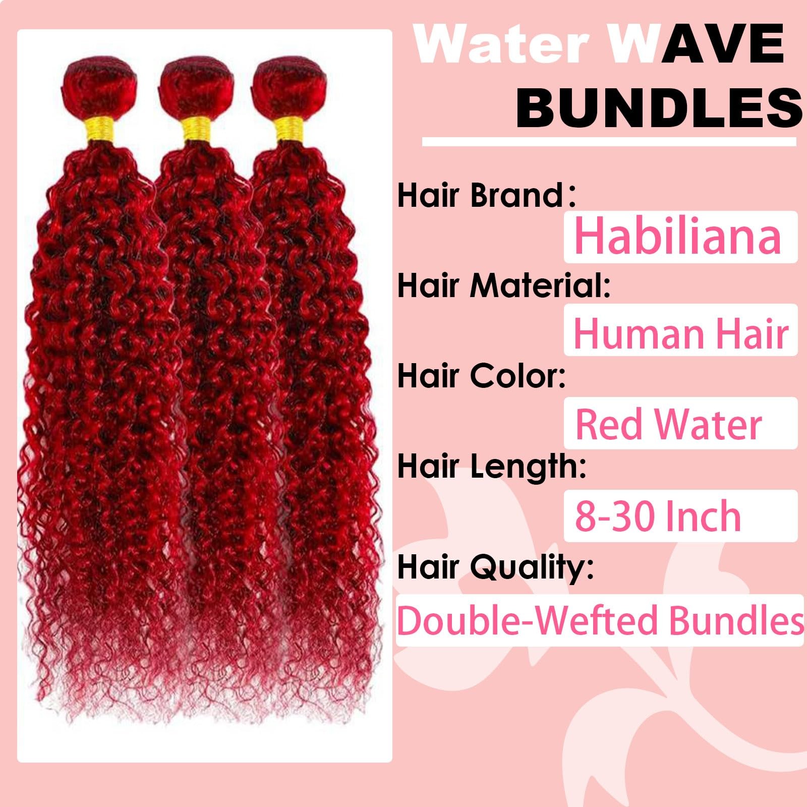 Habiliana Red Human Hair Bundles 8 10 12 Inch Water Wave Bundles Human Hair 100