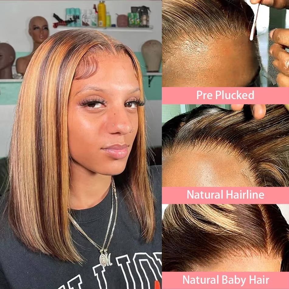 180% Density Short Bob Wigs Highlight Straight Lace Front Wigs Blonde 13×4 HD