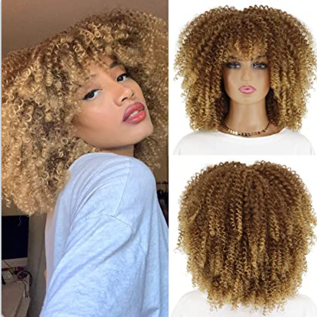 Women Short Blonde Afro Kinky Curly Wig Brown Mixd Blonde Wig Synthetic Hair Wig