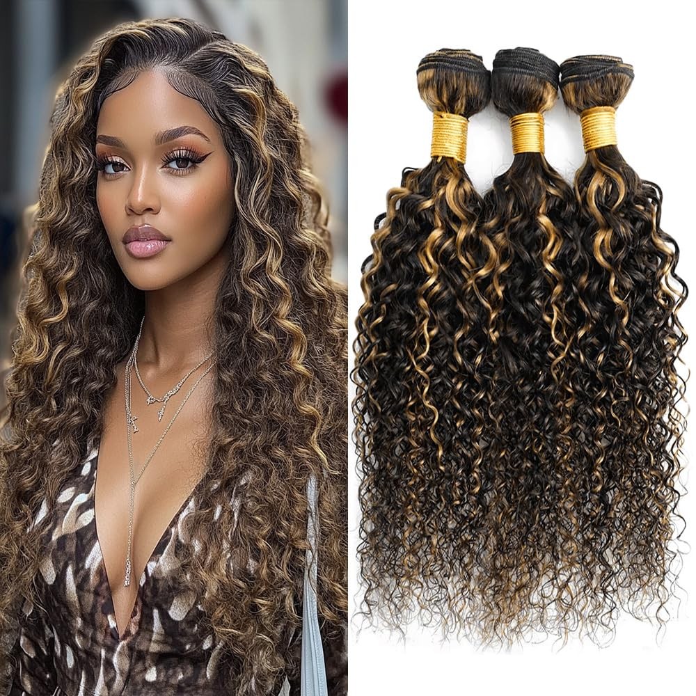Piano Color P1B27 Highlight Curly Wave Bundles Natural Black and Honey Blonde…
