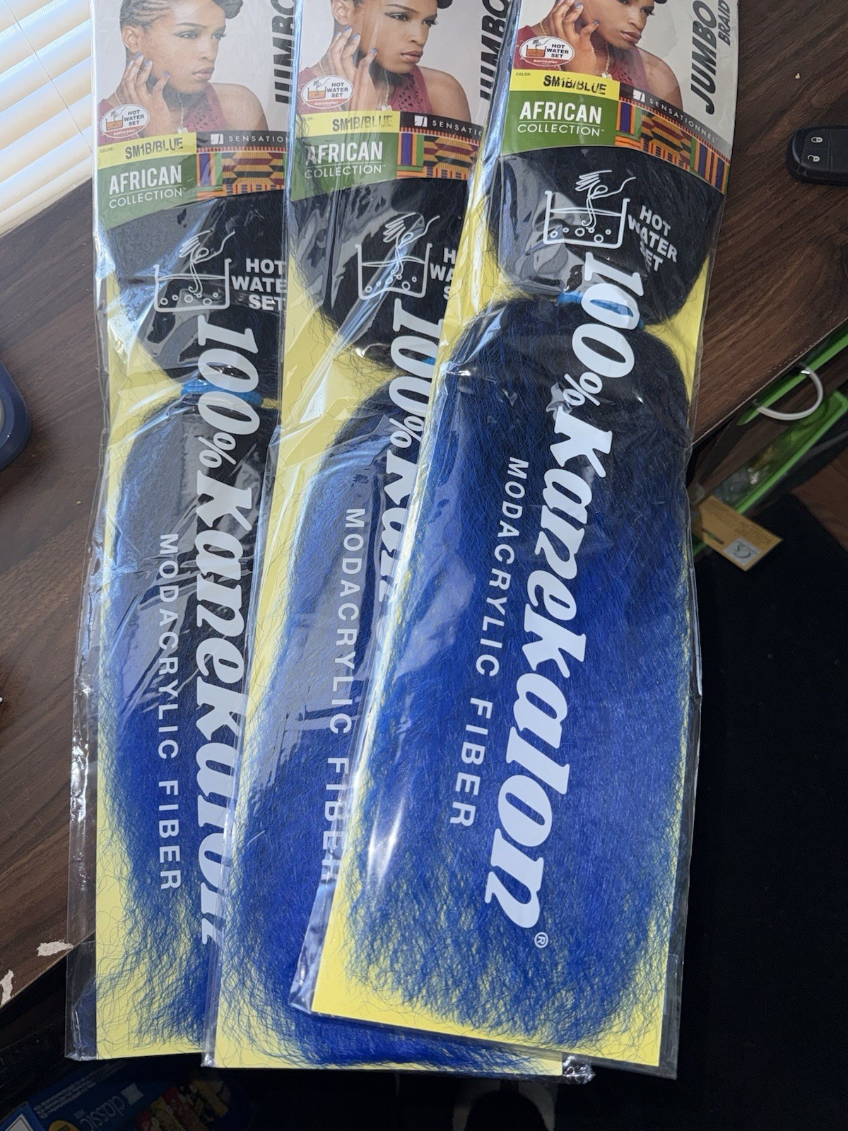 3 Pk Lot. kanekalon Jumbo braiding hair. New. Black & Blue.