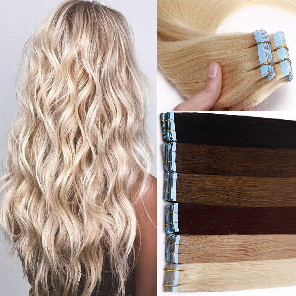 Tape in Human Hair Extensions Seamless Invisible Skin Weft Remy Russian Hair 12A