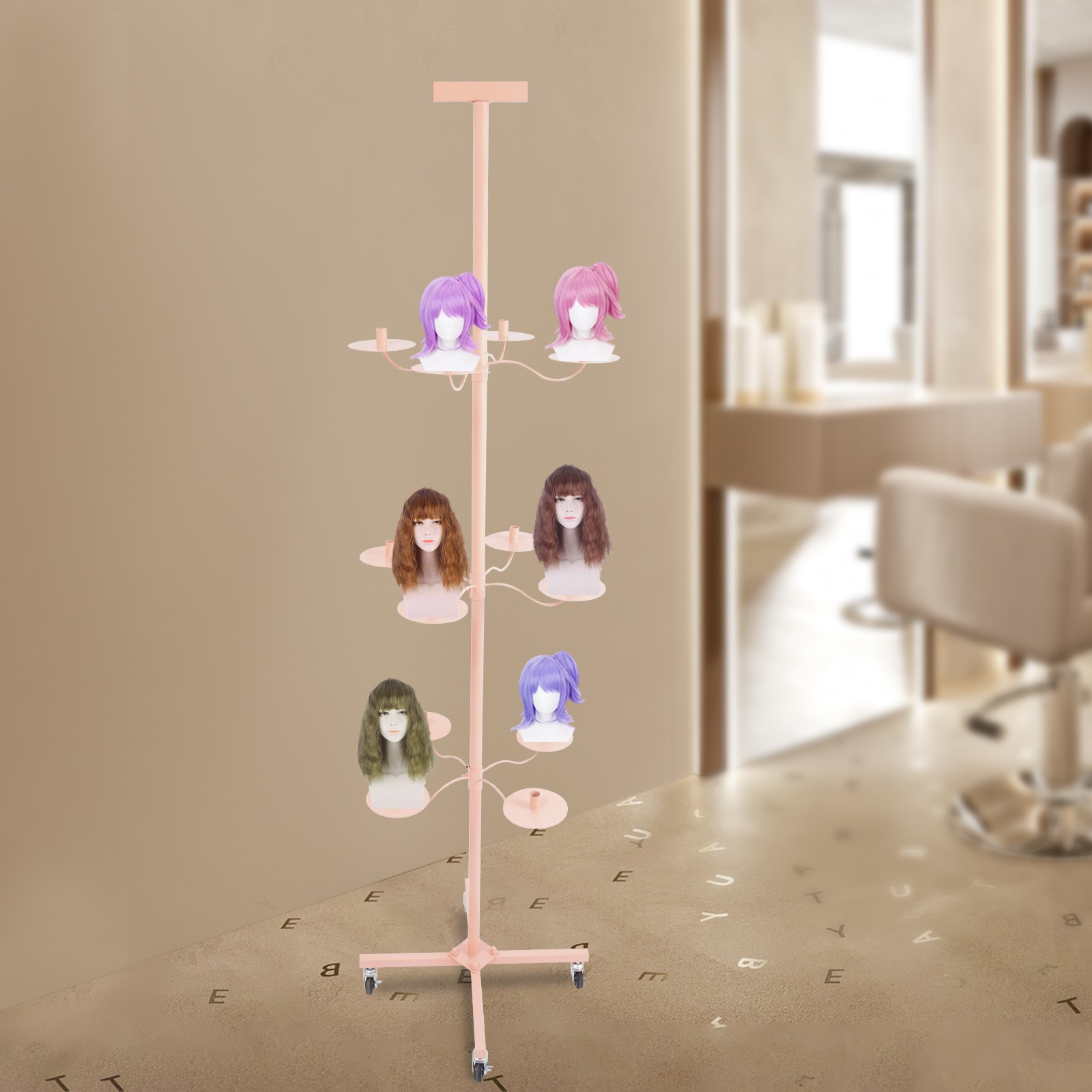 Pink 12-Head Heavy Duty Wig Stand Organizer | Metal Tripod Rack | Salon Display